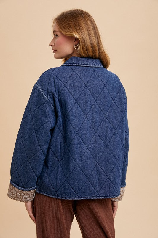 Quilted Printed Lining Snap Down Denim Jacket