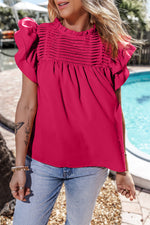Ruffled Ruched Cap Sleeve Blouse