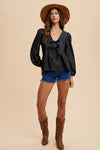 Tie Front Peplum Long Sleeve Denim Top