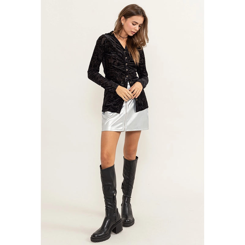 Certain To Charm Burnout Velvet Ruched Shirt