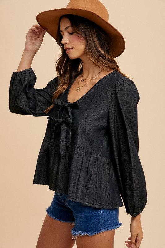 Tie Front Peplum Long Sleeve Denim Top