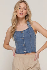 Button Down Stretch Denim Halter Top
