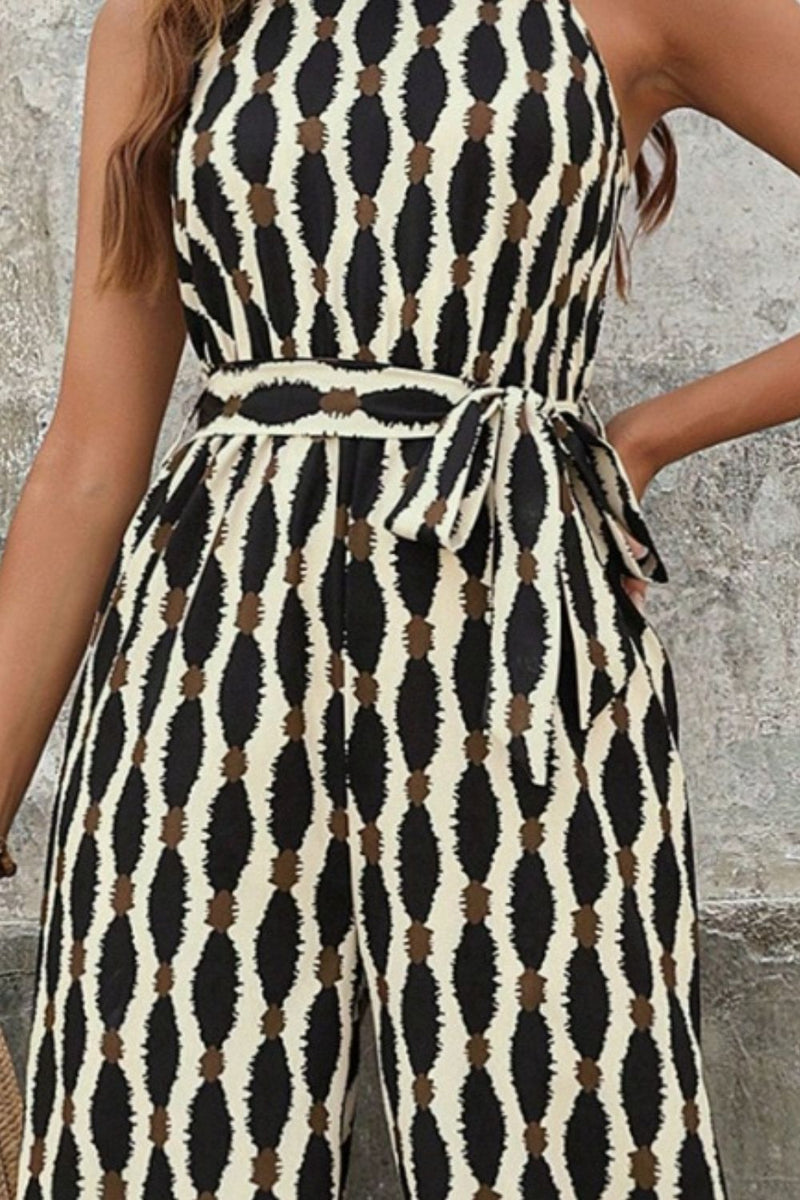Tied Printed Grecian Neck Jumpsuit