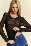 Bow Mesh Round Neck Long Sleeve Top