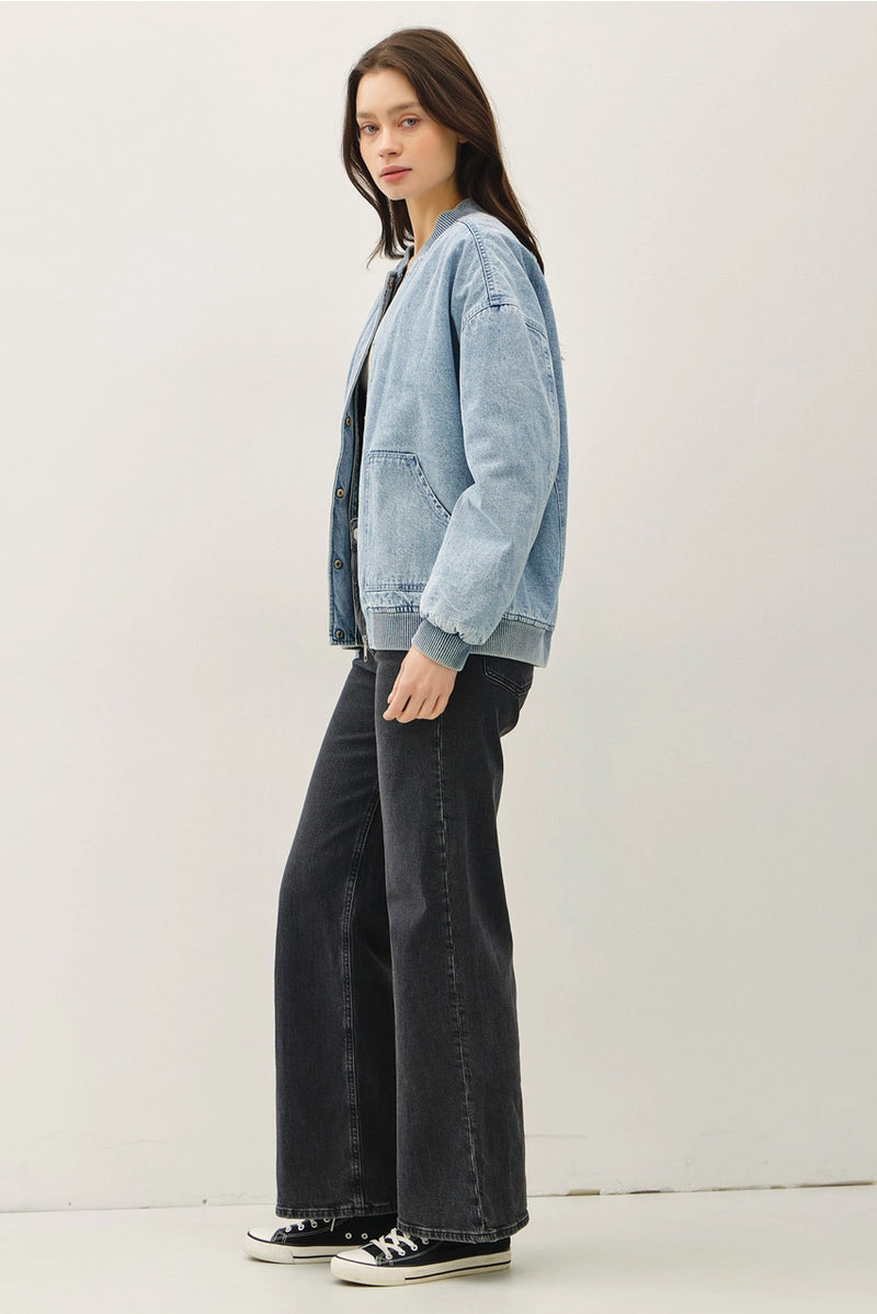 Denim Feel Bomber Jacket w/ Pockets