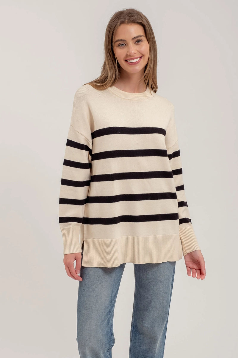 Stripe Oversized Crew Side Split Knit Sweater