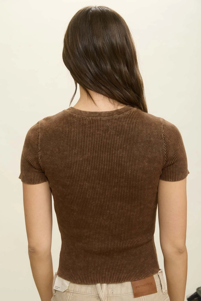 Washed Ribbed Short Sleeve Cropped Knit Tee