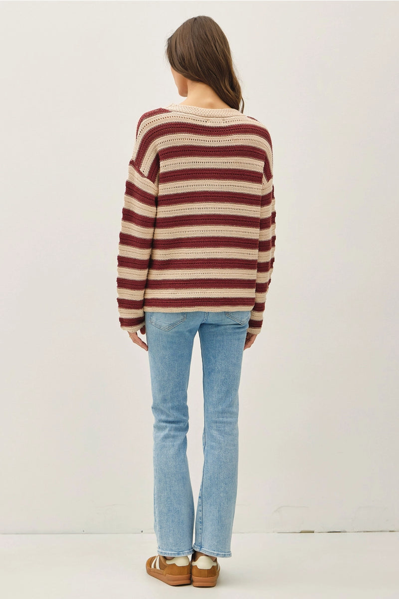 Striped Crochet Knit Long Sleeves Sweater