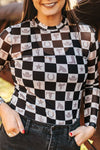 Checkered Mock Neck Long Sleeve Top