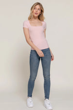 Short Sleeve Square Neck Double Layer Rib Knit Top