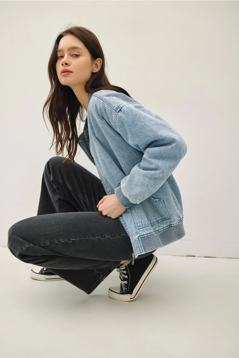 Denim Feel Bomber Jacket w/ Pockets