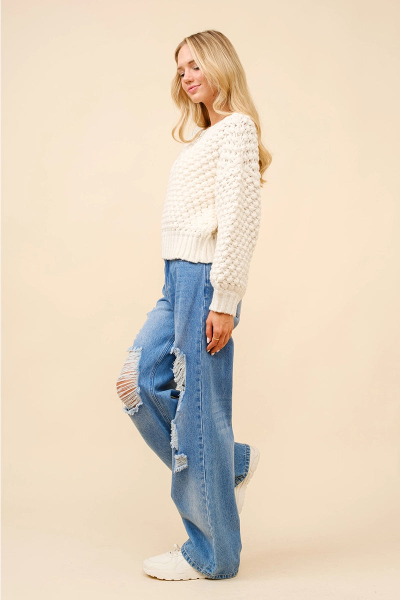 Bubble Textured Crew Neck Pullover Sweater