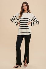 Side Slit Striped Round Neck Sweater