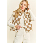 Crop Checkered Sherpa High Neck Open Front Puffer Vest