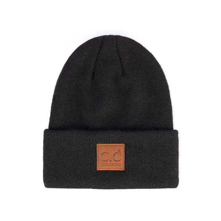 C.C Heather Knit Suede Patch Beanie Winter Hat