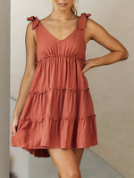 Frill V-Neck Tie Shoulder Mini Dress