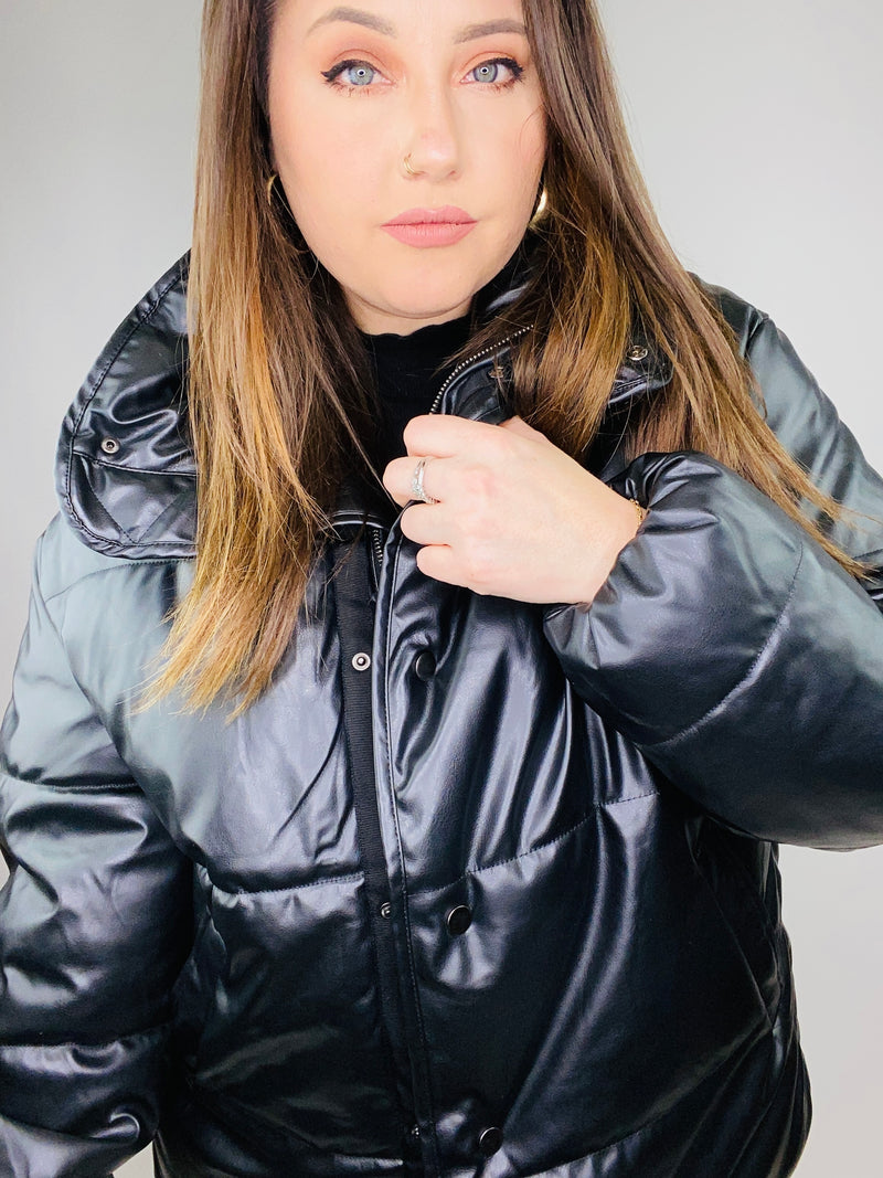 Dash Of Black Vegan Leather Puffer Jacket