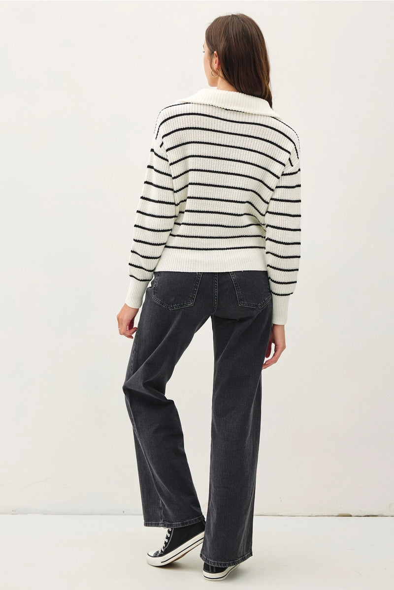 Spread Collar Half Zip Striped Sweater