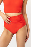 Poppy Red High Waisted Ruched Swim Bottoms