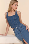 Front Lined Detail Back Zipper Stretch Denim Cami Top