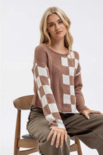 Colorblock Checkered Long Sleeve Knit Sweater