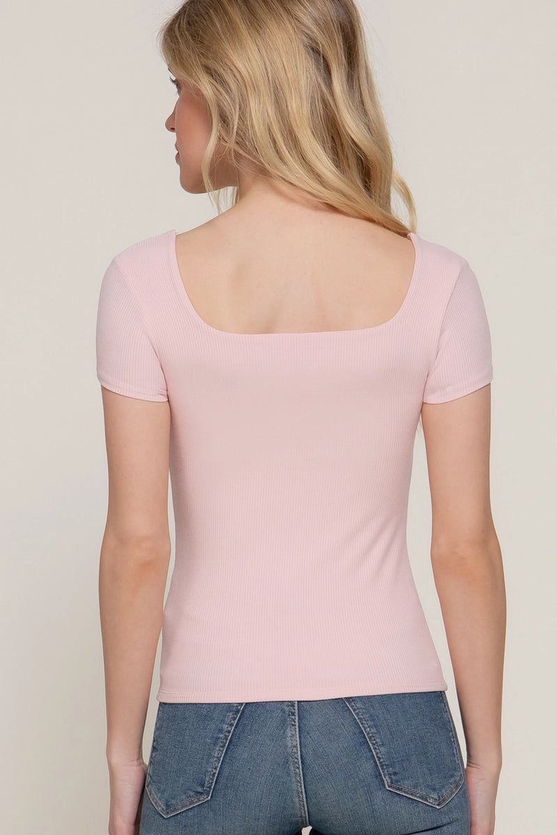 Short Sleeve Square Neck Double Layer Rib Knit Top
