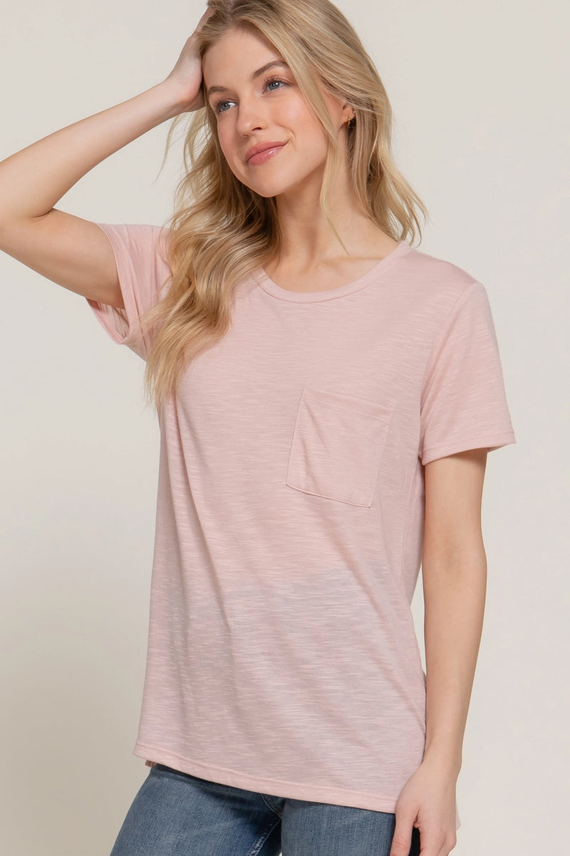 Short Sleeve Round Neck with Pocket Slub Knit Tee