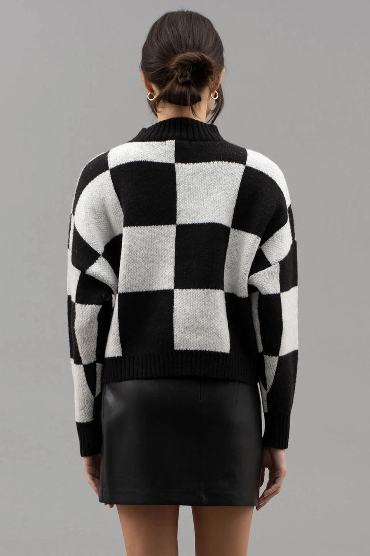 Checkered Crew Neck Knit Sweater