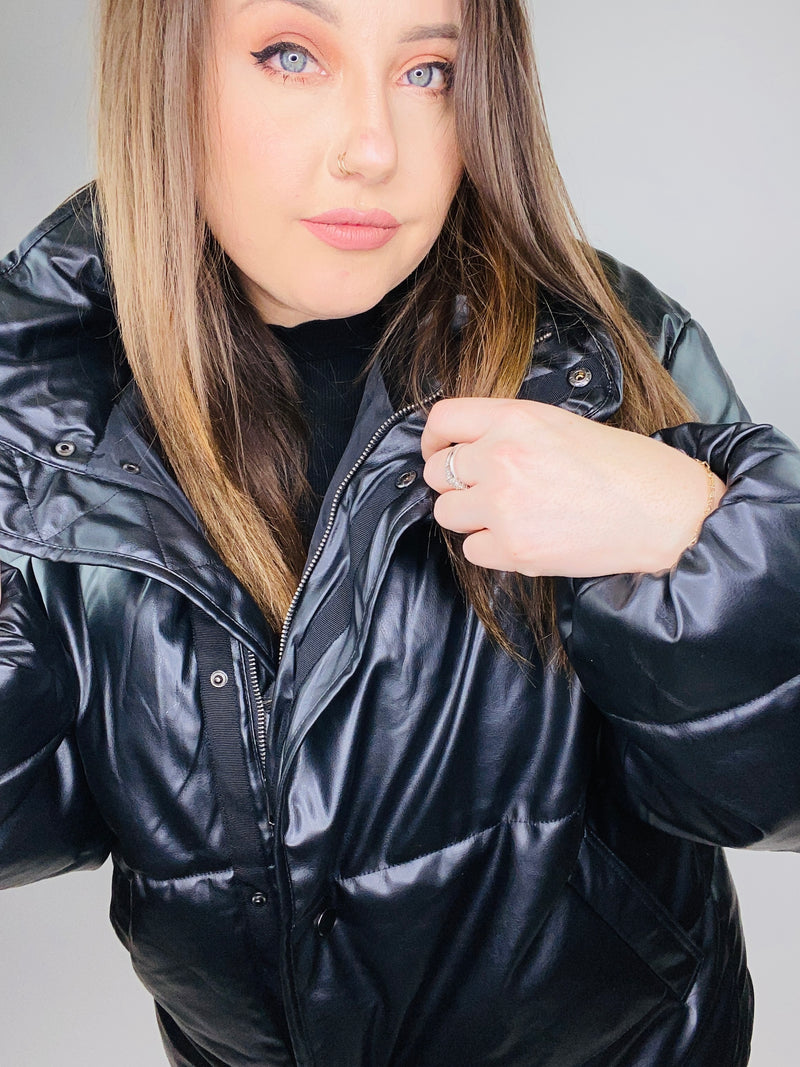 Dash Of Black Vegan Leather Puffer Jacket