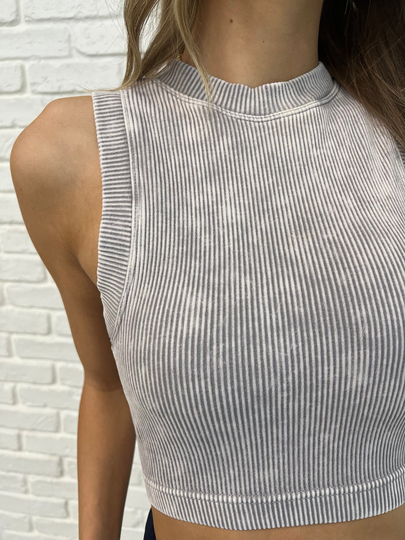 Zenana Over and Out Cropped Ribbed Tank in Sleet