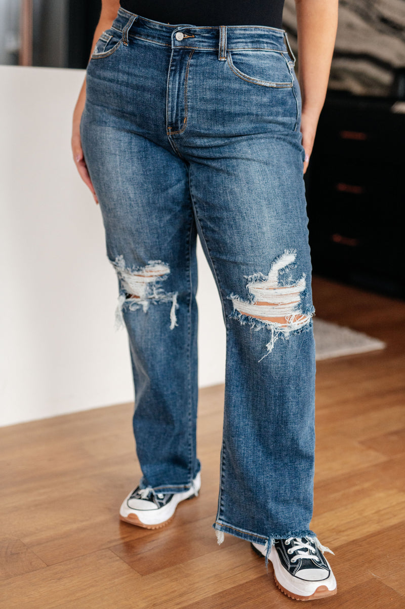 Judy Blue Rose High Rise 90's Straight Jeans in Dark Wash