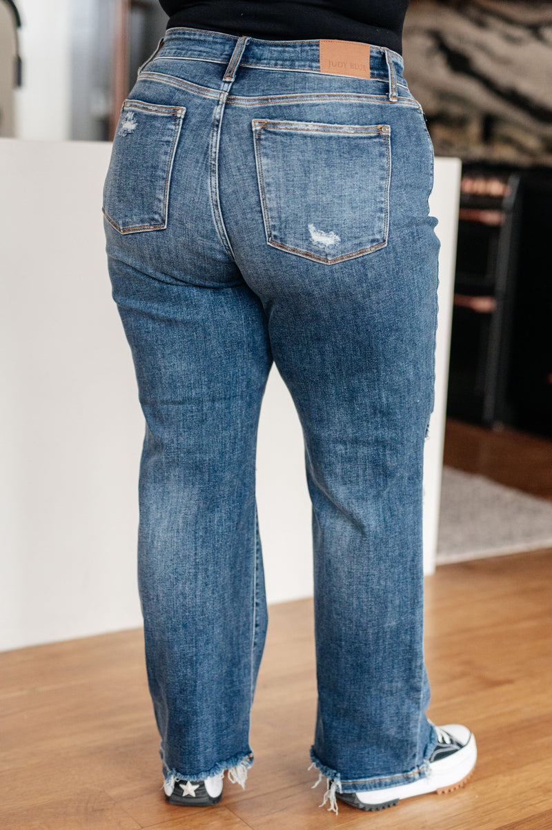 Judy Blue Rose High Rise 90's Straight Jeans in Dark Wash