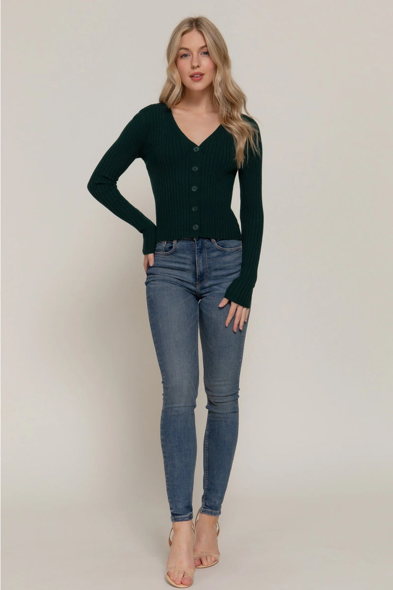 Long Sleeve V-Neck Fitted Sweater Cardigan