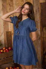 Dark Chambray Front Tie Puff Sleeve Mini Dress
