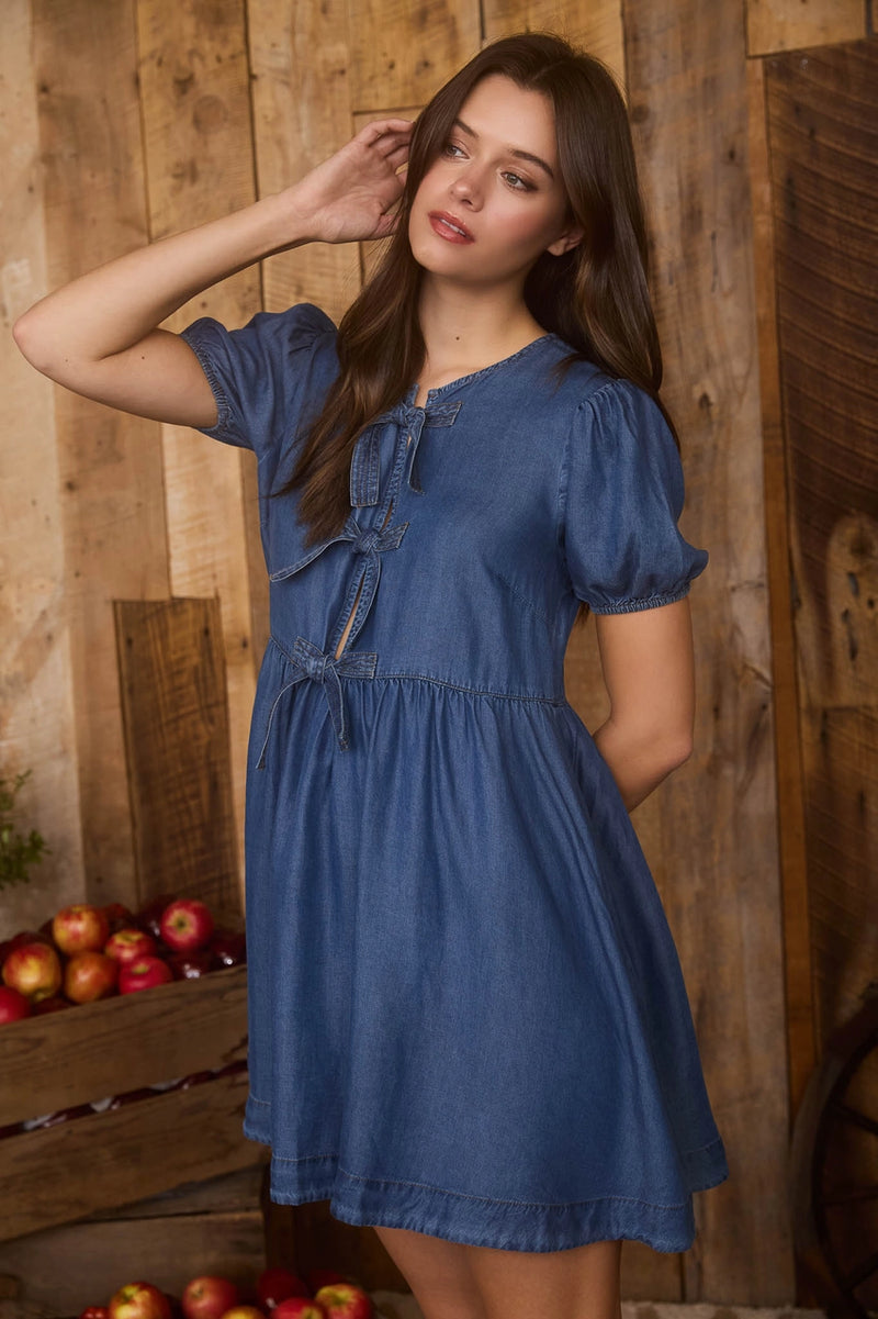 Dark Chambray Front Tie Puff Sleeve Mini Dress