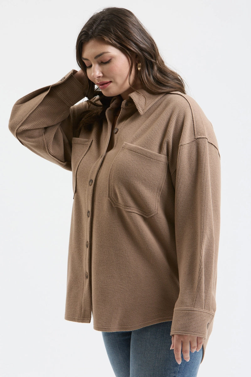 Plus Rib Knit Exposed Seam Button Up Top