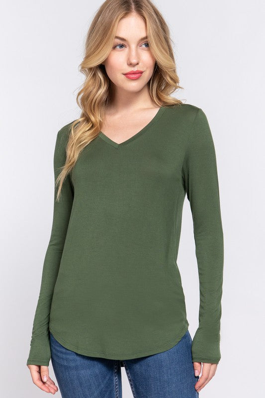 Long Sleeve V-Neck Rayon Spandex Jersey Top