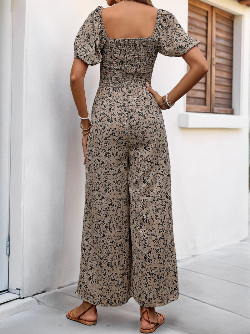 Smocked Printed Square Neck Puff Sleeve Jumpsuit