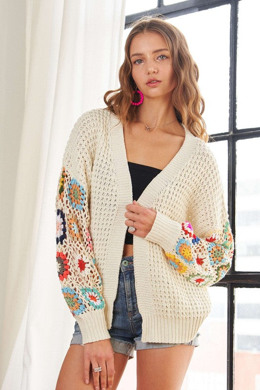 Plus Size Contrast Crochet Open Front Long Sleeve Cardigan