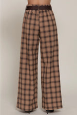 Pleats Detail Belted Side Zipper Plaid Woven Wide Long Pants