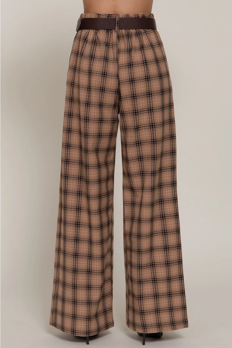 Pleats Detail Belted Side Zipper Plaid Woven Wide Long Pants