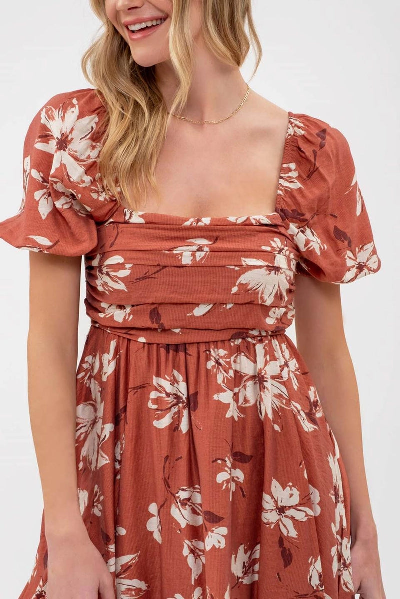 Floral Pleated Puff Sleeve Mini Dress