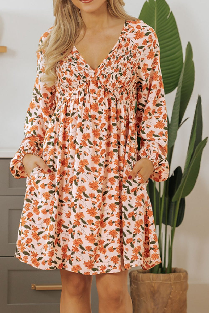 Smocked Printed V-Neck Long Sleeve Dress