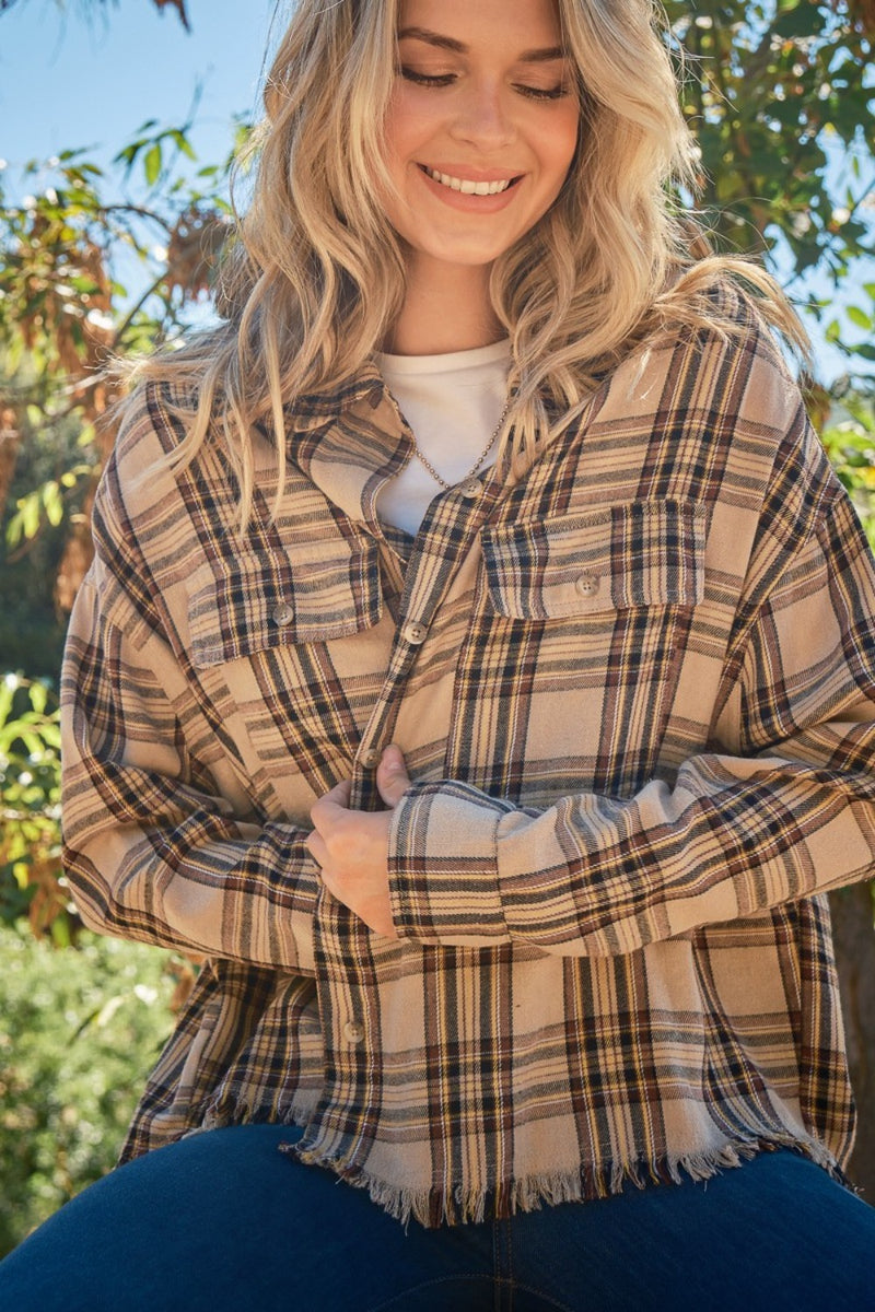 Full Size Button Up Raw Hem Plaid Shirt