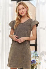 Mineral Washed V-Neck Ruffled Cap Sleeve Dress