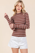 Long Sleeve Mock Neck Stripe Top