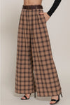 Pleats Detail Belted Side Zipper Plaid Woven Wide Long Pants