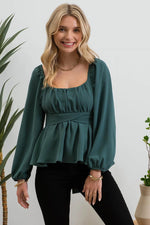 Scoop Neck Back Waist Tie Blouse