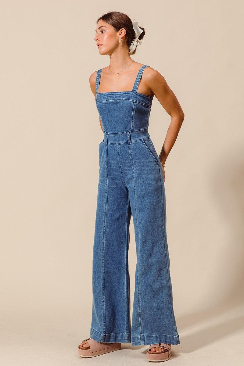 Raw Edge Washed Denim Jumpsuit