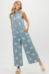 Star Print Half Zip Sleeveless Denim Jumpsuit